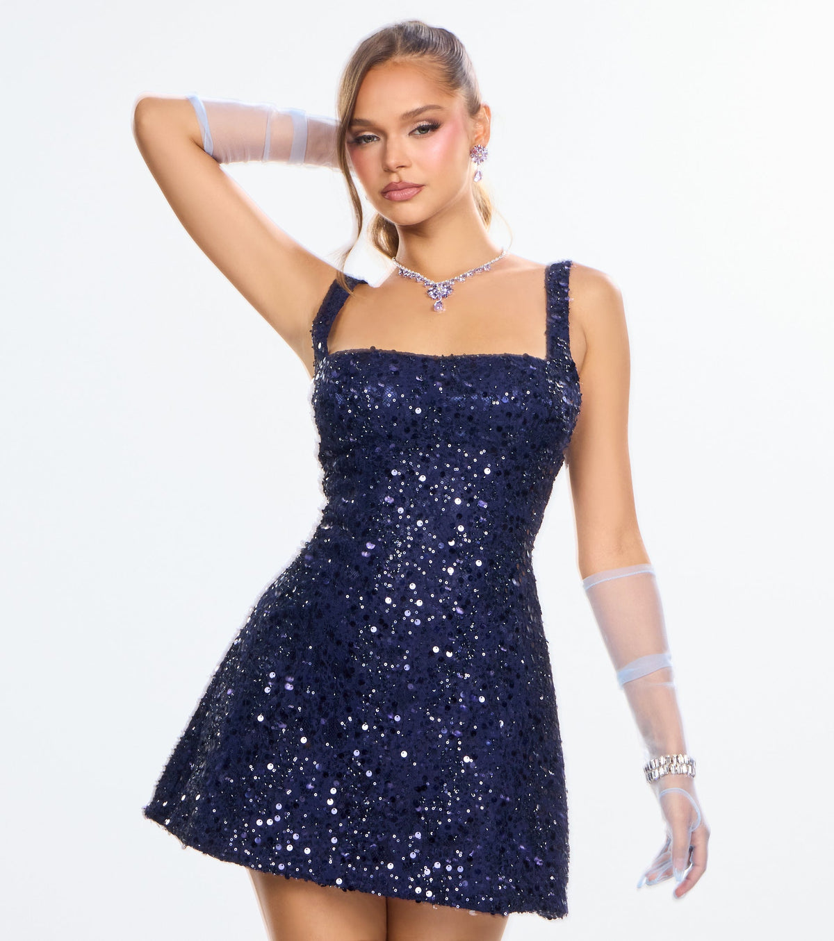 Windsor Clarice Women's Sequin Beaded Lace A-Line Mini Dress
