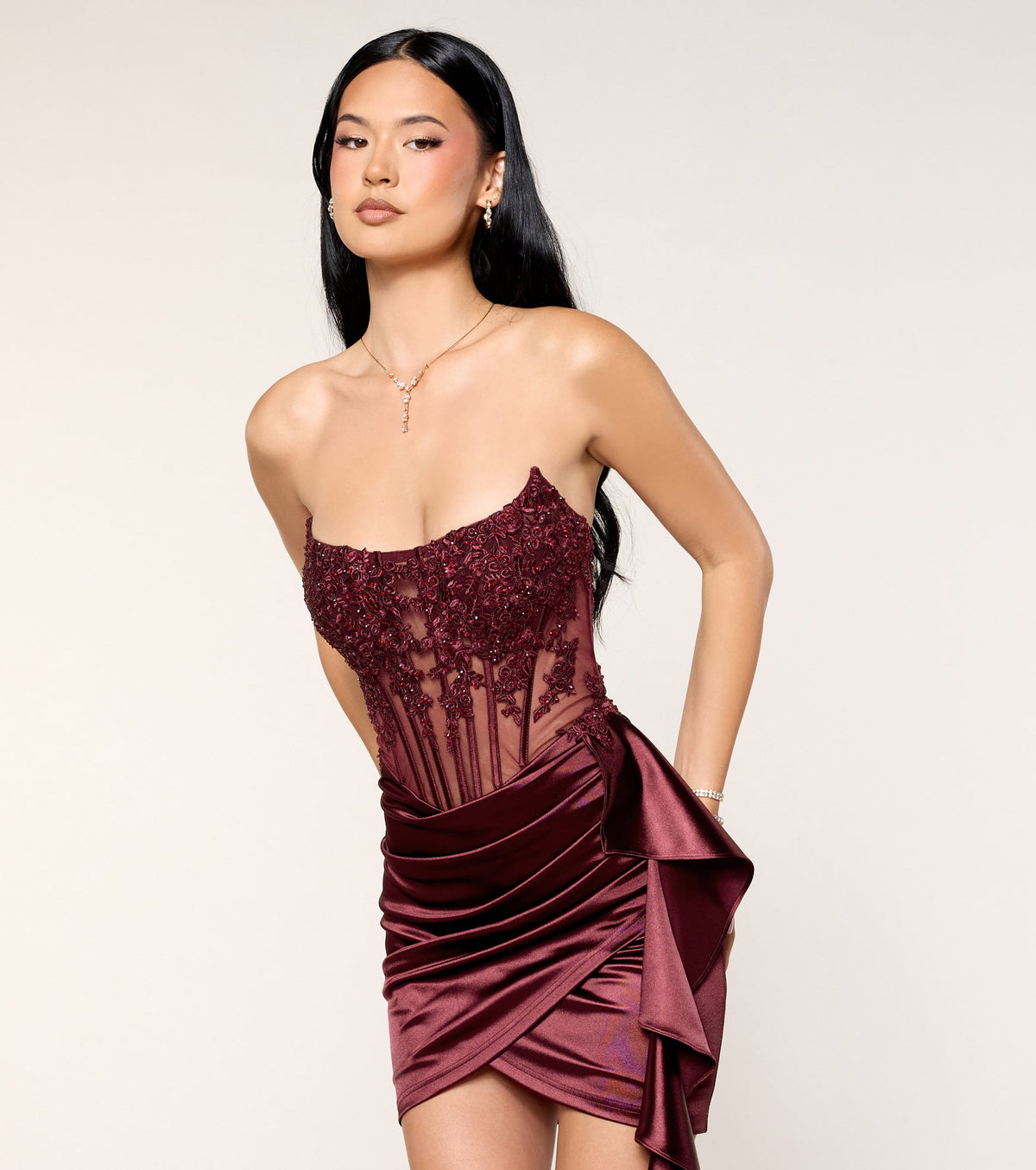 Windsor Anissa Women's Satin Sash Corset Mini Dress